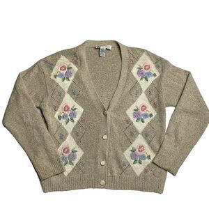 90s Vintage Private Party Silk Angora argyle beaded cardigan size Medium